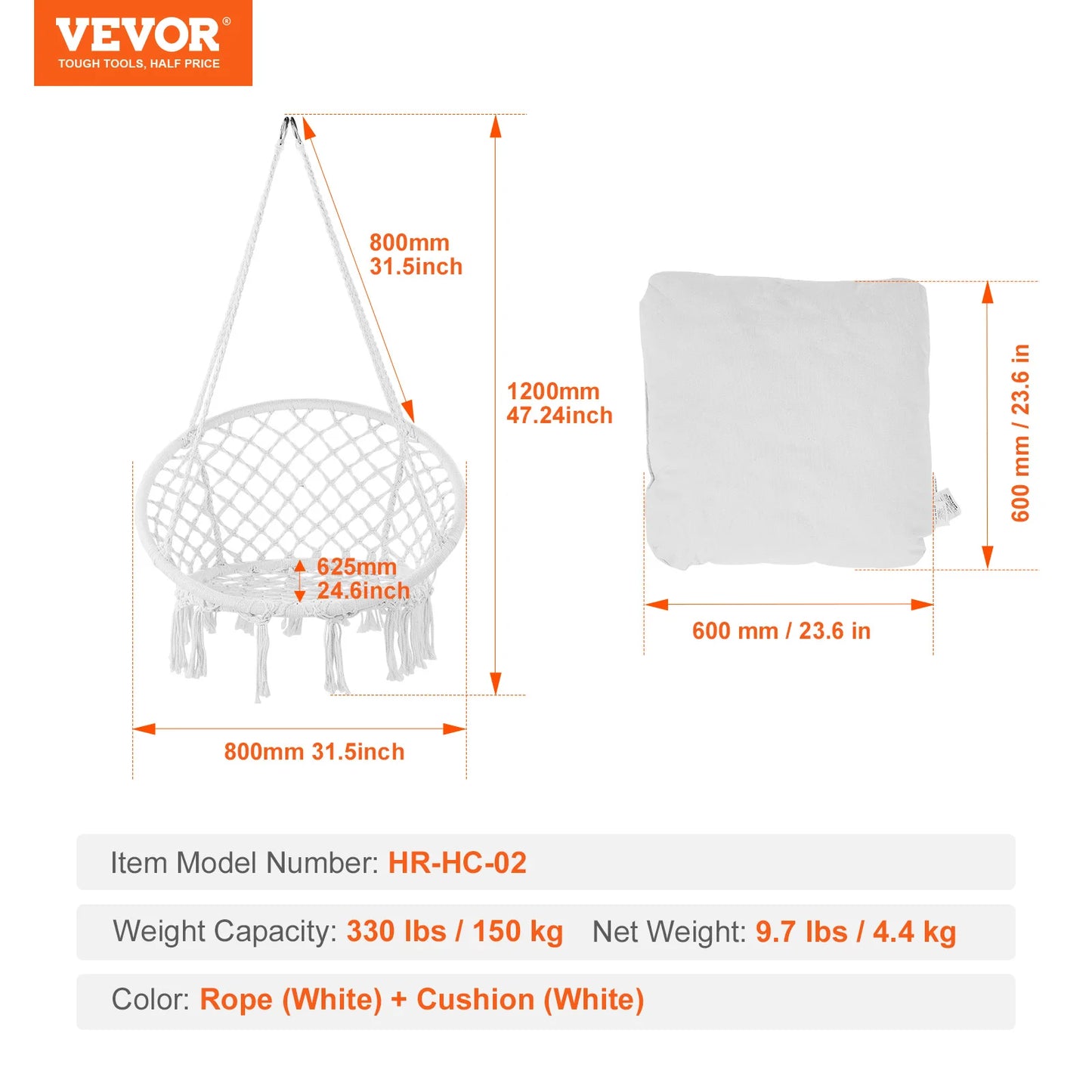 VEVOR Hanging Hammock Swing Chair 330 lbs Macramé Hanging Chair Cotton Rope Swing Chair for Bedroom Balcony Patio Garden White