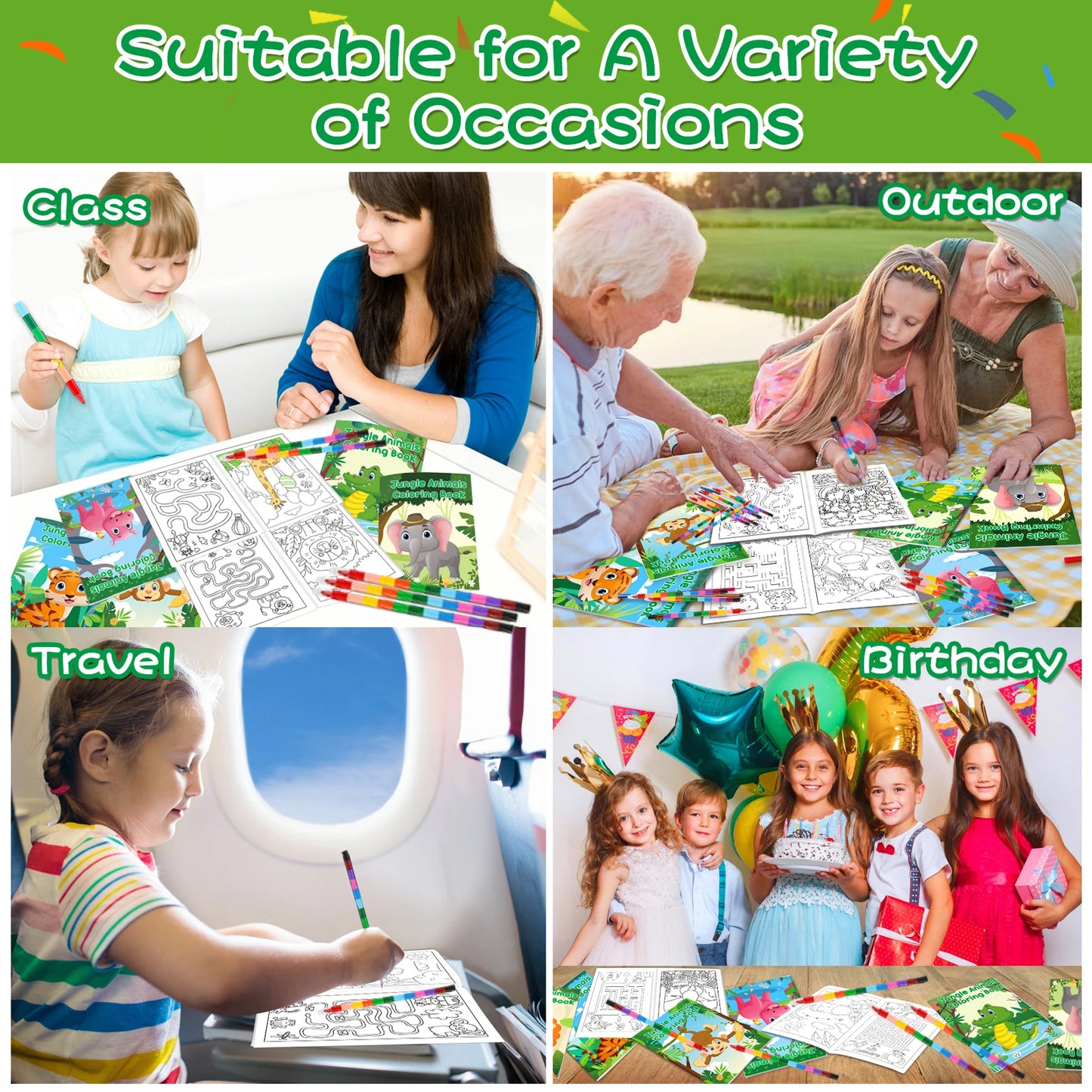 24Pcs Jungle Safari Animals Coloring Books for Kids with 24 Stacking Crayons Mini Coloring Book Party Favors Bulk Gifts Small A