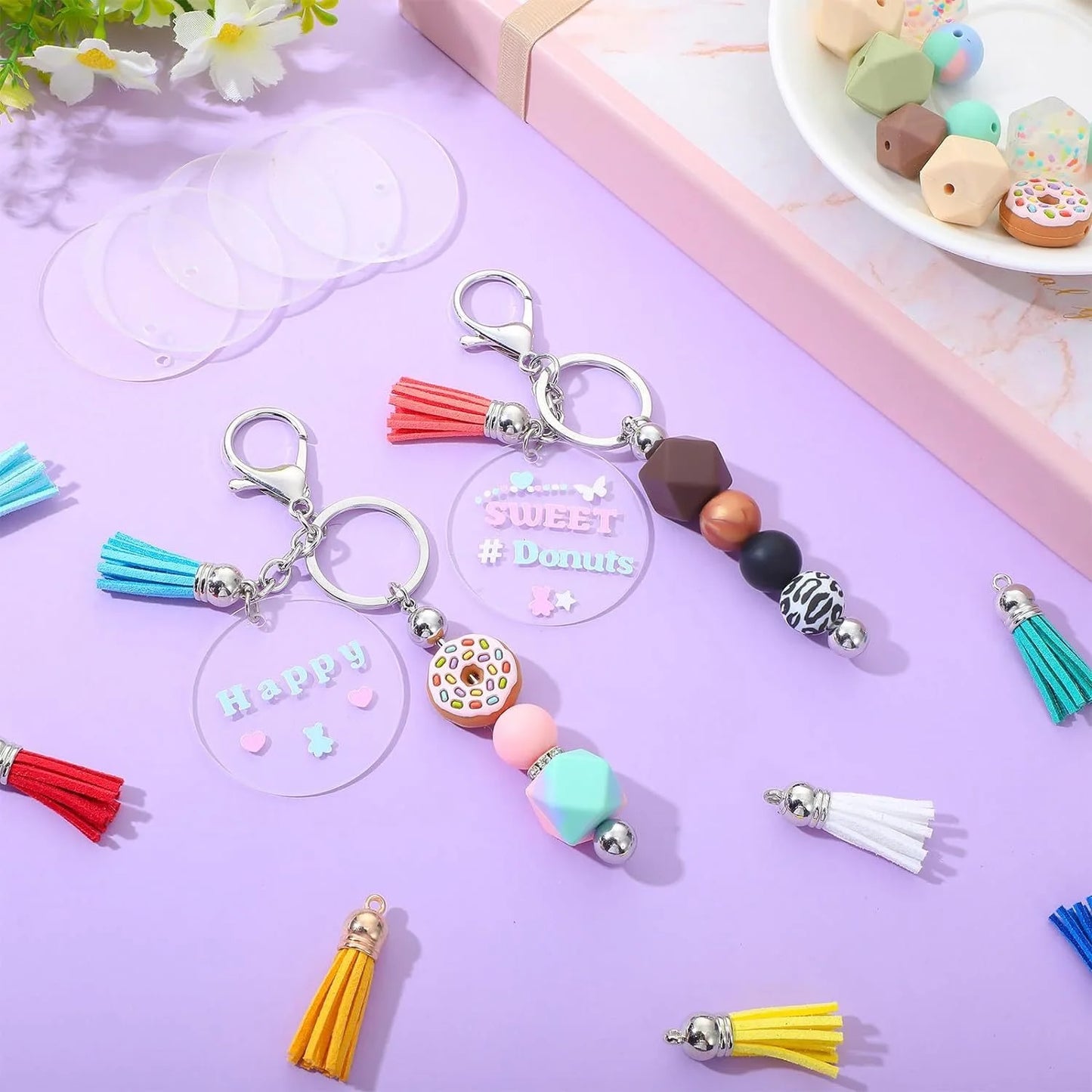 Beaded Keychain Bars, including silver Blanks Bead keychain and Colorful Leather Keychain Tassels