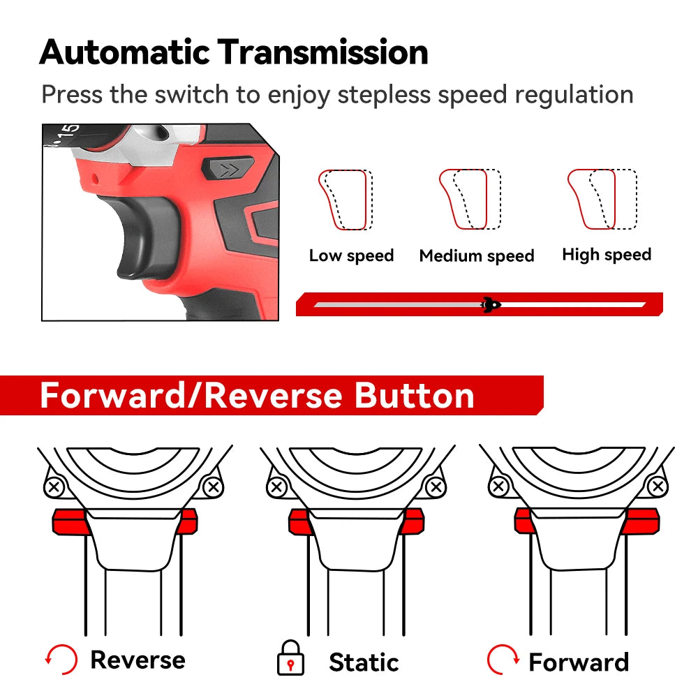ONEVAN 10mm Cordless Electric Drill Driver Rechargeable Impact Hammer Drill Screwdriver Tools For 21V 18V Battery