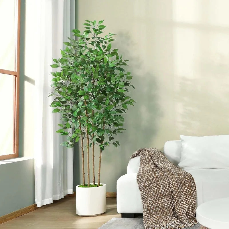 Ficus Artificial Tree  Silk Plant 5 ft Fake White Imitation Ceramic Planter with Green