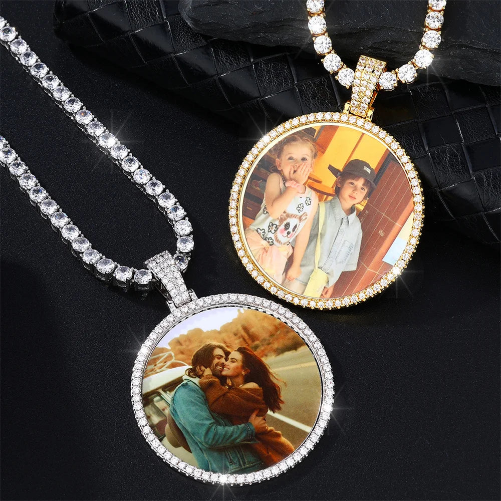Hip Hop Custom Made Photo Iced Out Bling Cubic Zircon Round Necklace & Pendant For Men Jewelry With Tennis Chain