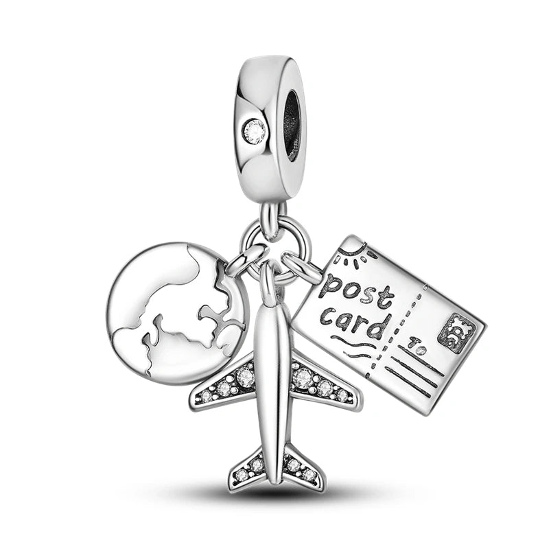 925 Sterling Silver Airplane Luggage Travel Pendants Bracelet Charms Fit Bangle For Women Jewelry Party Beads Gift DIY Accessory