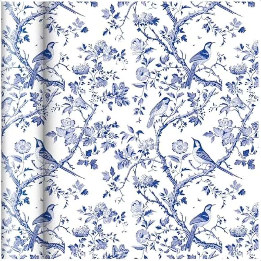 1 Roll Blue Floral Bird Wrapping Paper Mini Roll 17in x 32.8Ft Blue White Flowers Bird Pattern Gift Wrap Paper