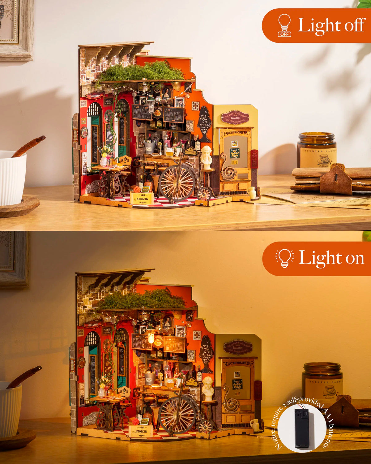 Rolife Wooden 3D Puzzle Cheers Bar DIY Miniature Dollhouse Kit with LED Light for Bookshelf Decor Birthday Gifts for Adults