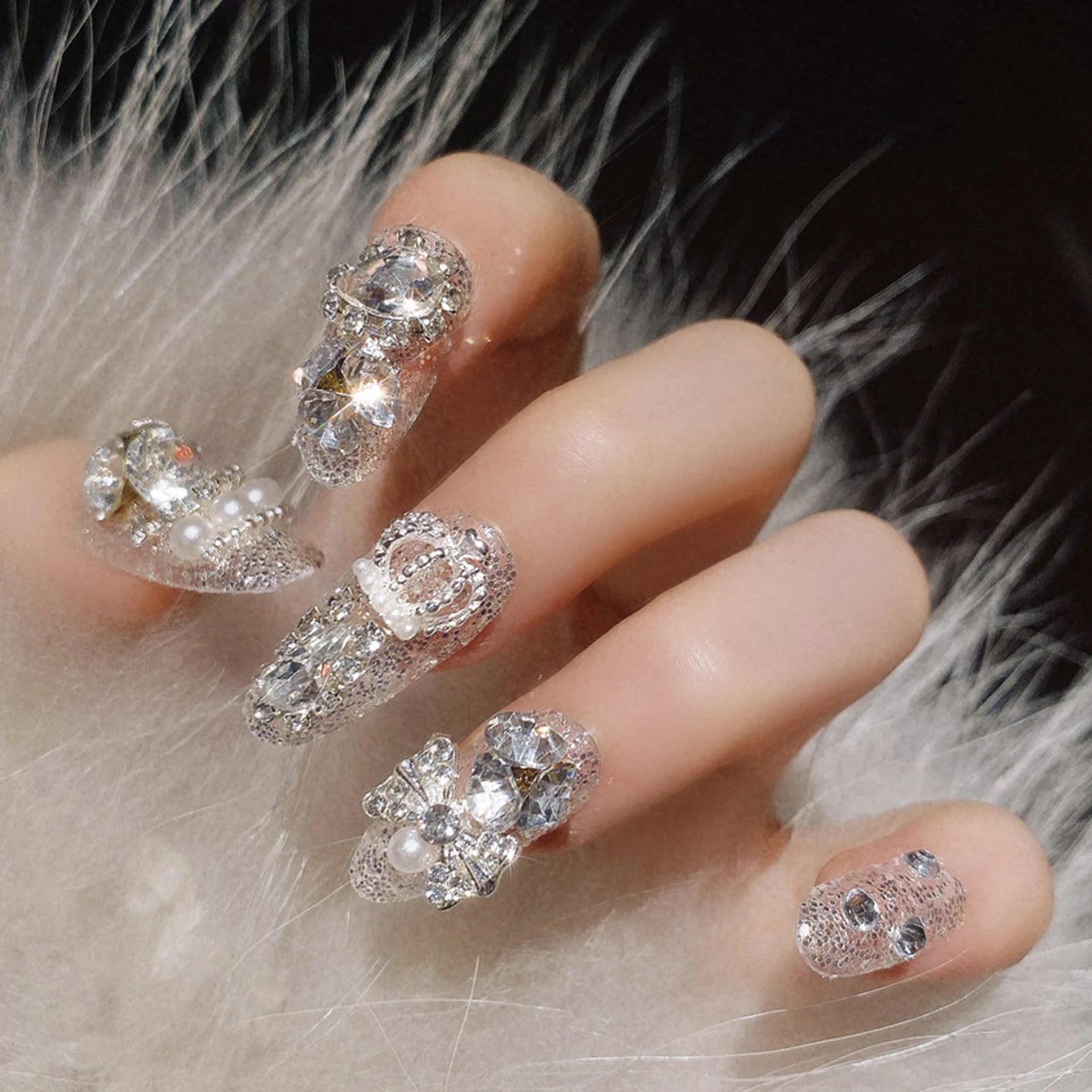 Purple Almond False Nail White Bowknot Shiny Rhinestones Artificial Nail For Salon Expert And Women Diy Fashion Nail Art