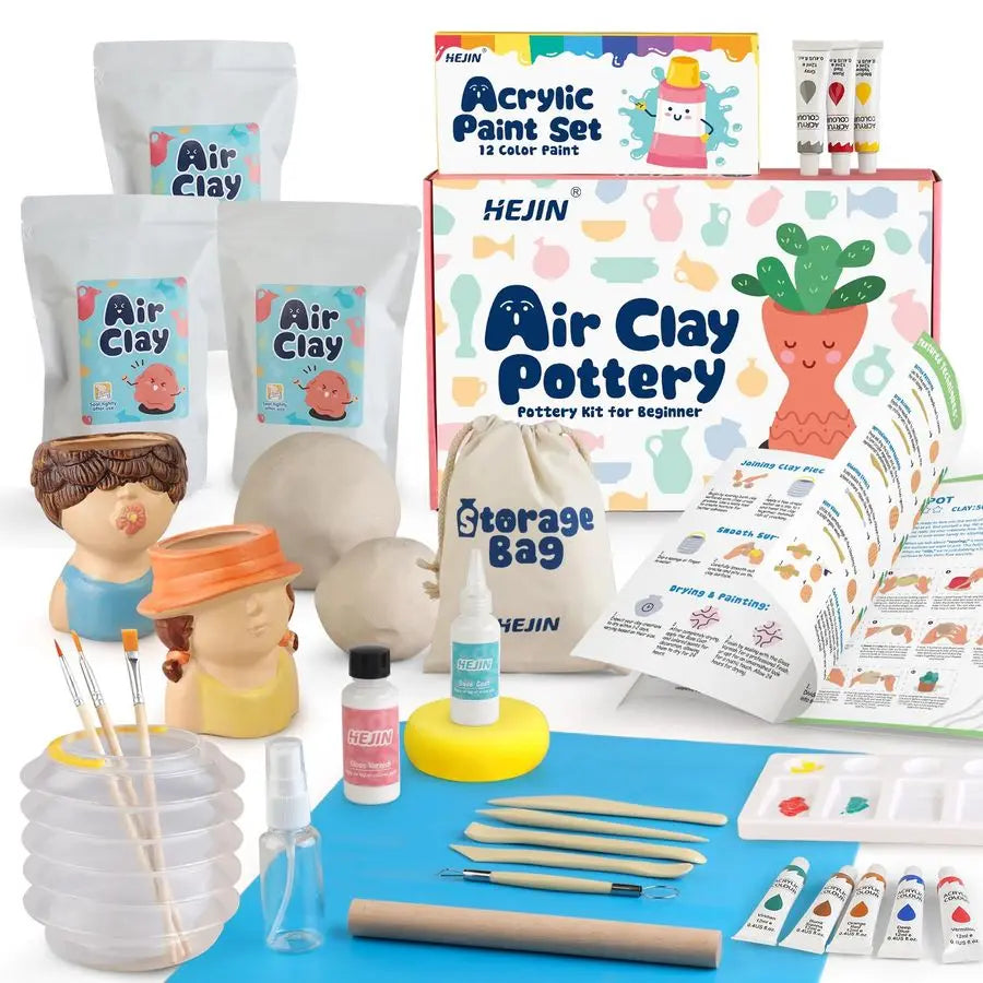 Dry Clay Kit for Adults, 3.3Lbs 30PCS Pottery Craft Kit for Beginners, Sculpting Tools Set amp Step by Step Guide, 12 Paints, Pain