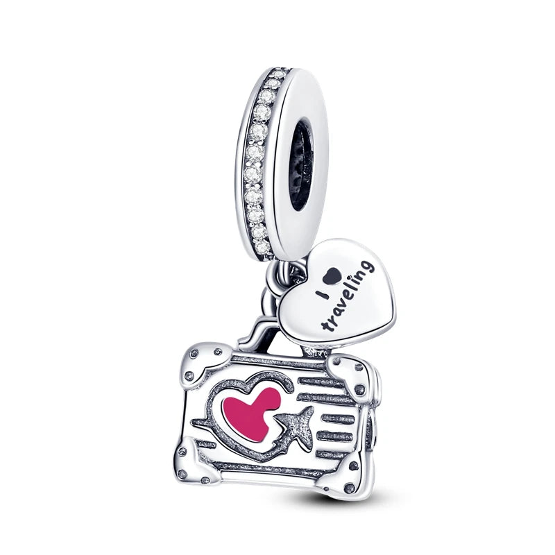 925 Sterling Silver Airplane Luggage Travel Pendants Bracelet Charms Fit Bangle For Women Jewelry Party Beads Gift DIY Accessory