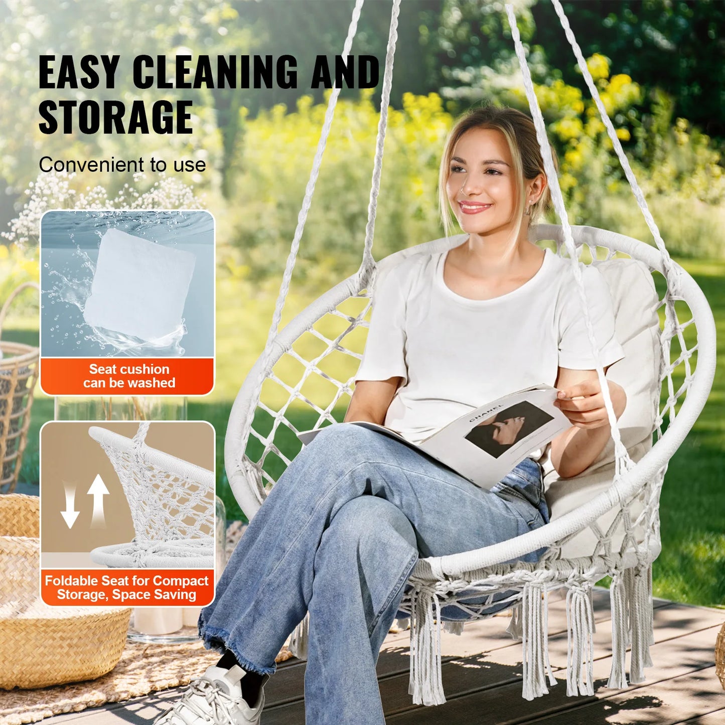 VEVOR Hanging Hammock Swing Chair 330 lbs Macramé Hanging Chair Cotton Rope Swing Chair for Bedroom Balcony Patio Garden White