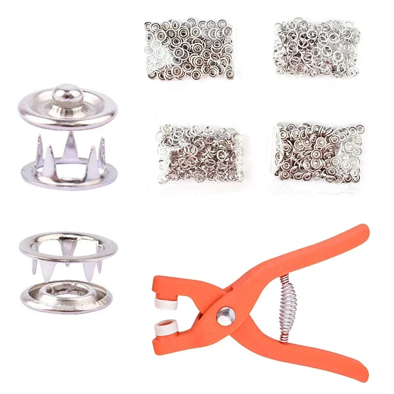Plier Tool+50/100 Set Metal Sewing Buttons Hollow Solid Five-claw Buckle Metal Snap Buttons for Installing Clothes DIY Craft