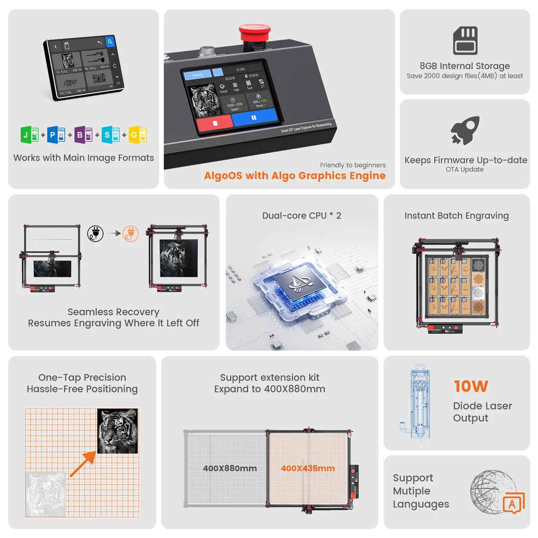 AlgoOS Control Smart High-Power Algo Laser DIY KIT MK2 10W Touch Screen 40*43cm/40x80cm Woodworking Laser Engraver Cutter Tools