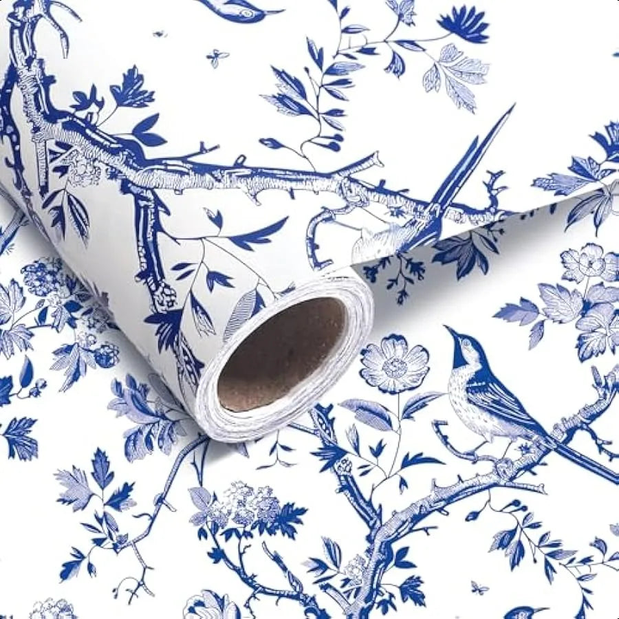 1 Roll Blue Floral Bird Wrapping Paper Mini Roll 17in x 32.8Ft Blue White Flowers Bird Pattern Gift Wrap Paper