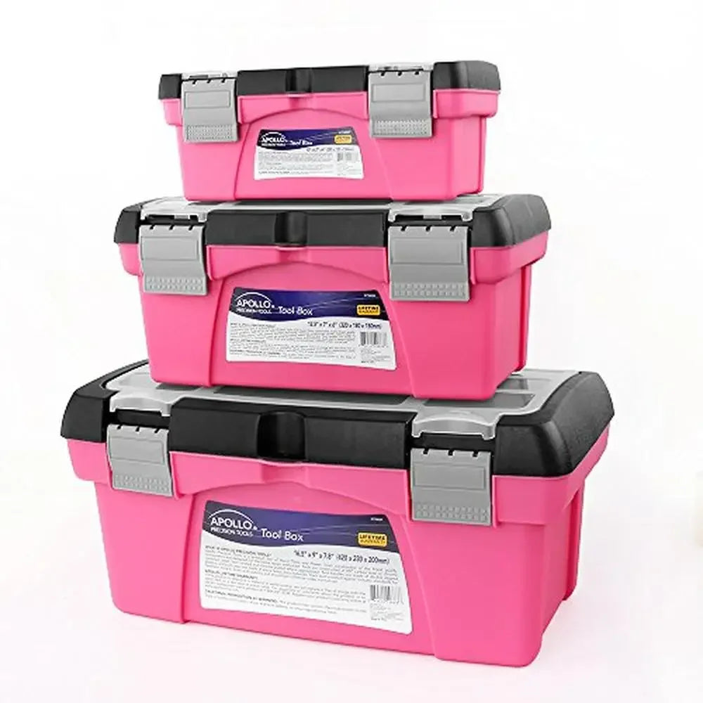 3pc Stackable Tool Boxes Top Compartment Removable Trays Crafts Supplies Pink Ribbon DT5005P Set Case Organize
