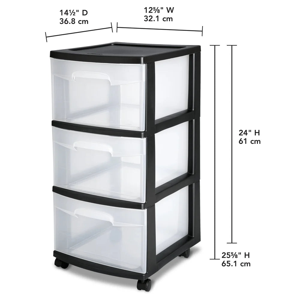 3 Drawer Plastic Storage Cart with Clear Drawers Rolling Organizer Craft Room Portable Storage Solution