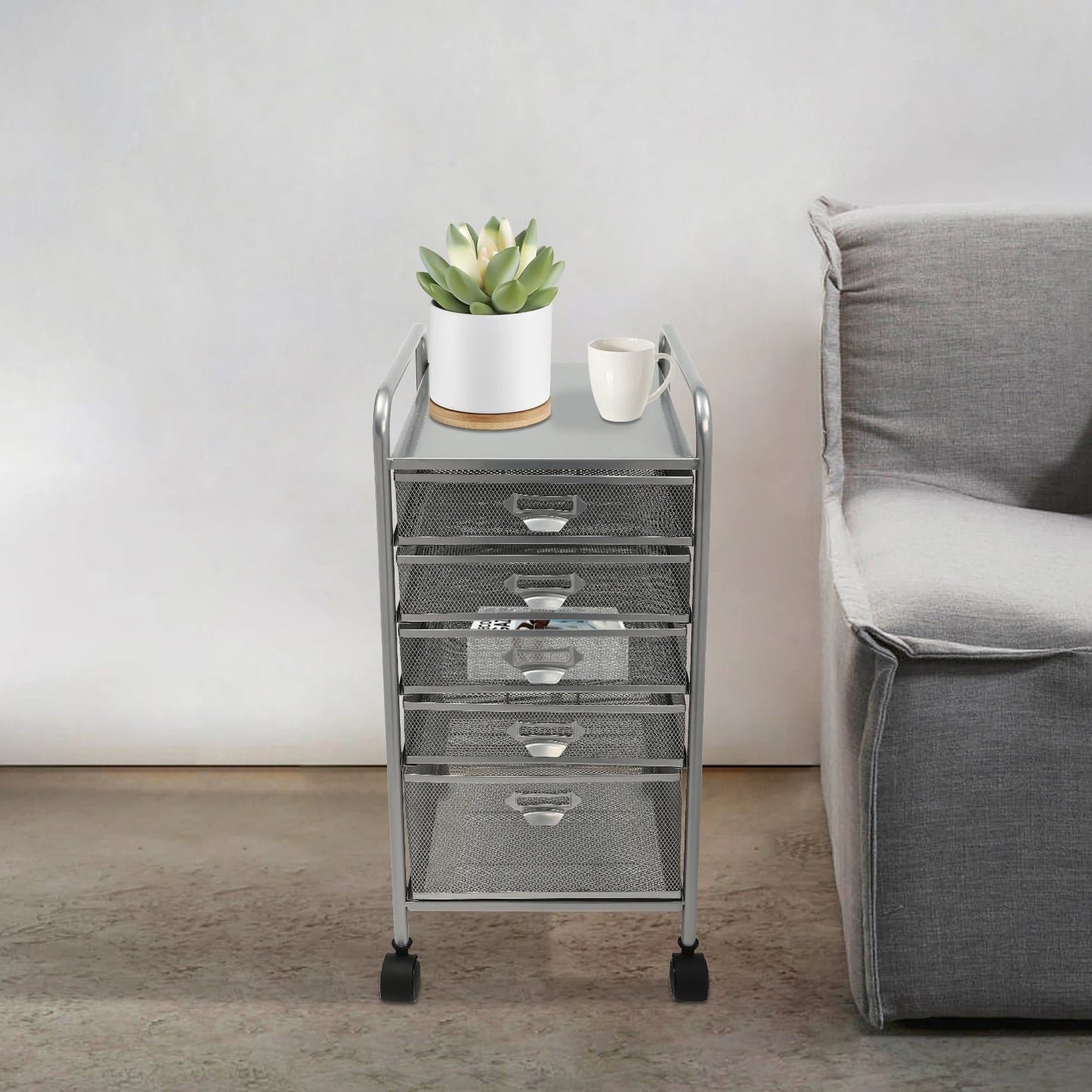 Rolling File Cabinet with 5 Drawers, Mesh Carts Craft Organizer with 4 Swivel 360° Wheels, Office Freestanding Supplies Storage