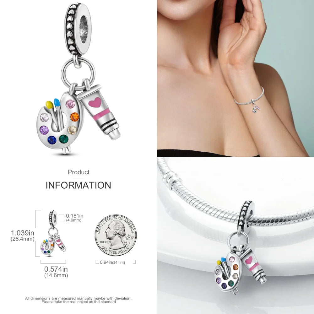 925 Sterling Silver Artist Brush Tools Color Palette Oil Painting Charms Beads Fit Original Bracelets DIY Jewelry Gifts