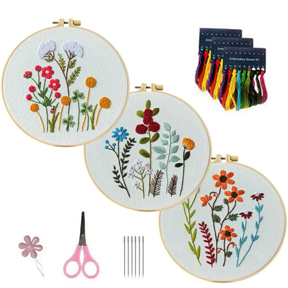 3pcs/set DIY Embroidery Starter Kits with Floral Flower Patterns Kit for Beginners Fabric Cross Stitch Kits for Adults