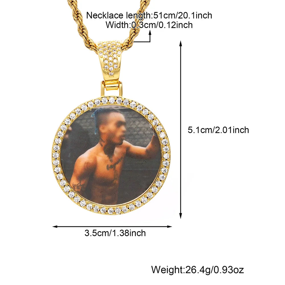 Hip Hop Custom Made Photo Iced Out Bling Cubic Zircon Round Necklace & Pendant For Men Jewelry With Tennis Chain