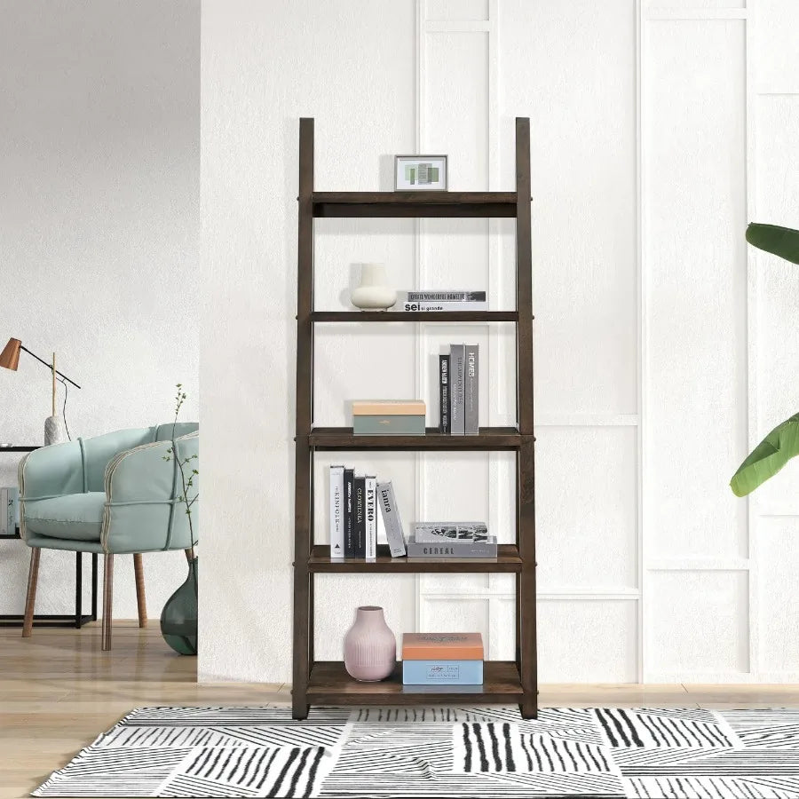 5-Tier Shelves Bookshelf Storage Rack Bookcase with Ladder Frame for Living Room Home Office