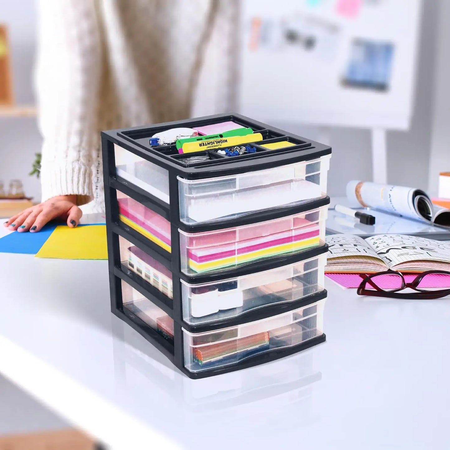 4 Drawer Desktop & Countertop Organizer W/Organization Lid For Craft Storage, Office Supplies & School Supplies, Black/Clear (4