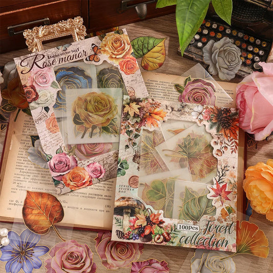 Vintage Plant Rose Scrapbooking Sticker Pack 100 Sheets Different Patterns PET Waterproof Decorative
