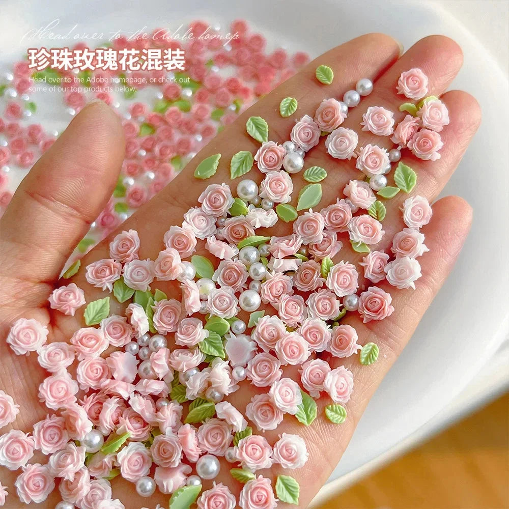 30pcs 3D Mixed Size Pearl Resin Flower Rose Nail Charms Accessories Pink Rose Red Nail Art Luxury Decoratons Supplies Parts DIY