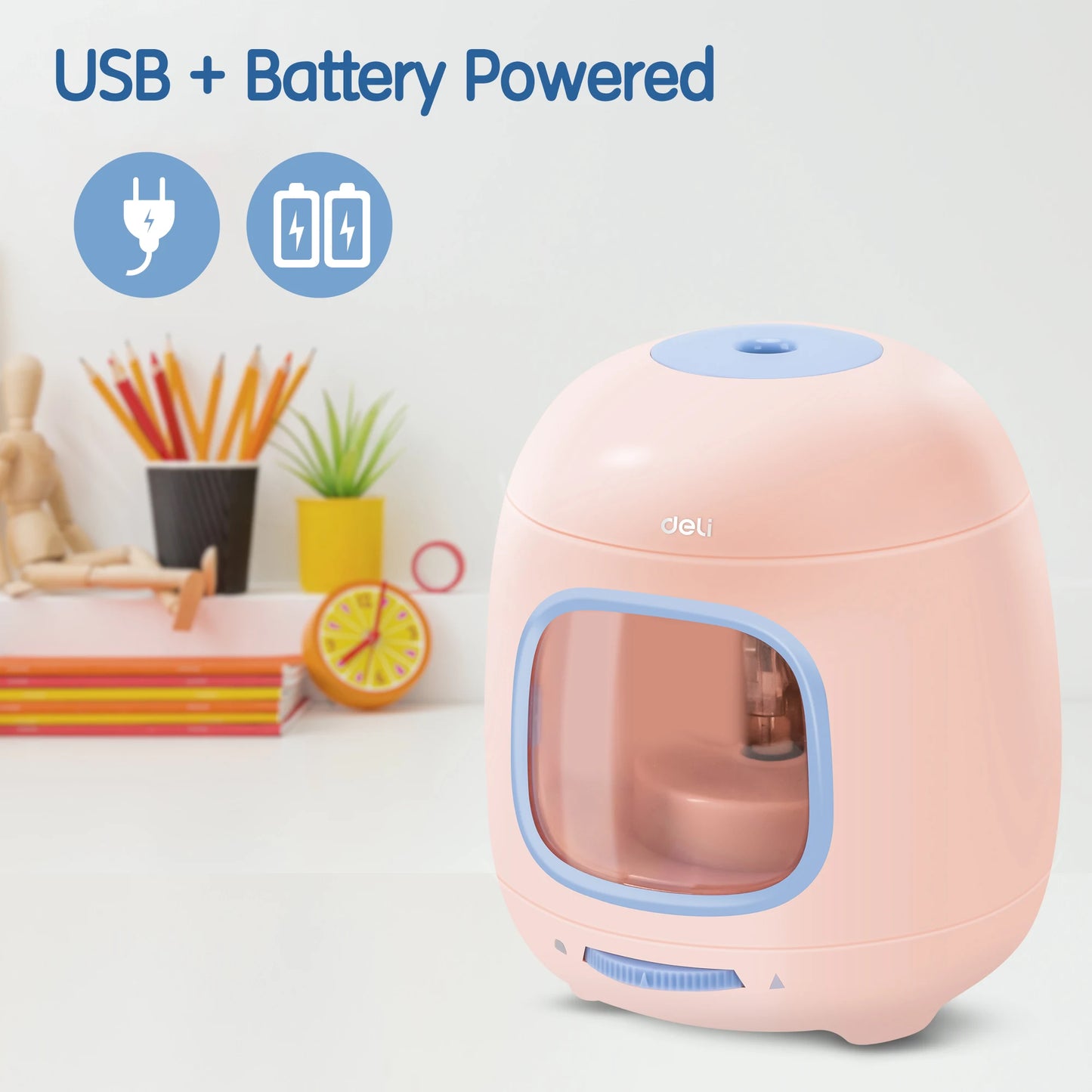 Deli Electric Pencil Sharpener,Efficient and Portable Sharpening Tool for Home, School, and Office Use,Blue, Pink, Yellow
