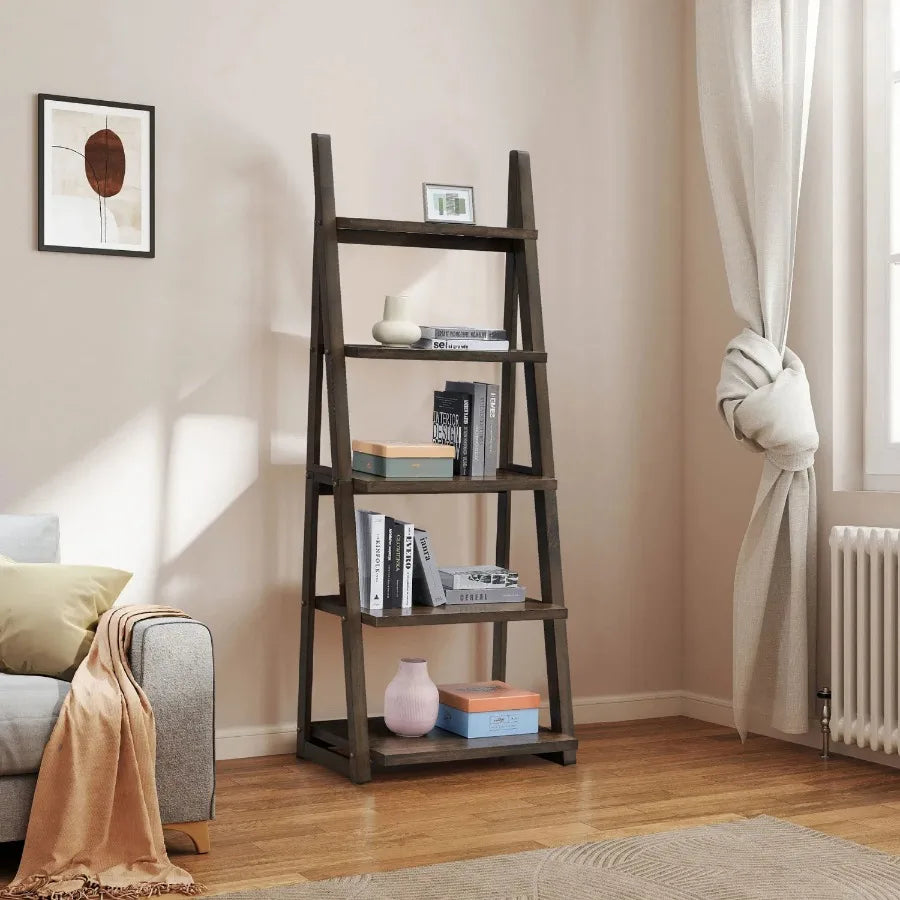 5-Tier Shelves Bookshelf Storage Rack Bookcase with Ladder Frame for Living Room Home Office