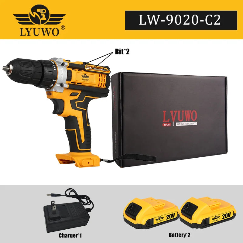 LYUWO 20V 0.8-10mm Cordless Drill Lithium Battery Rechargeable Multifunctional Drill, Dual Speed Power Tool With Two Drill Bits