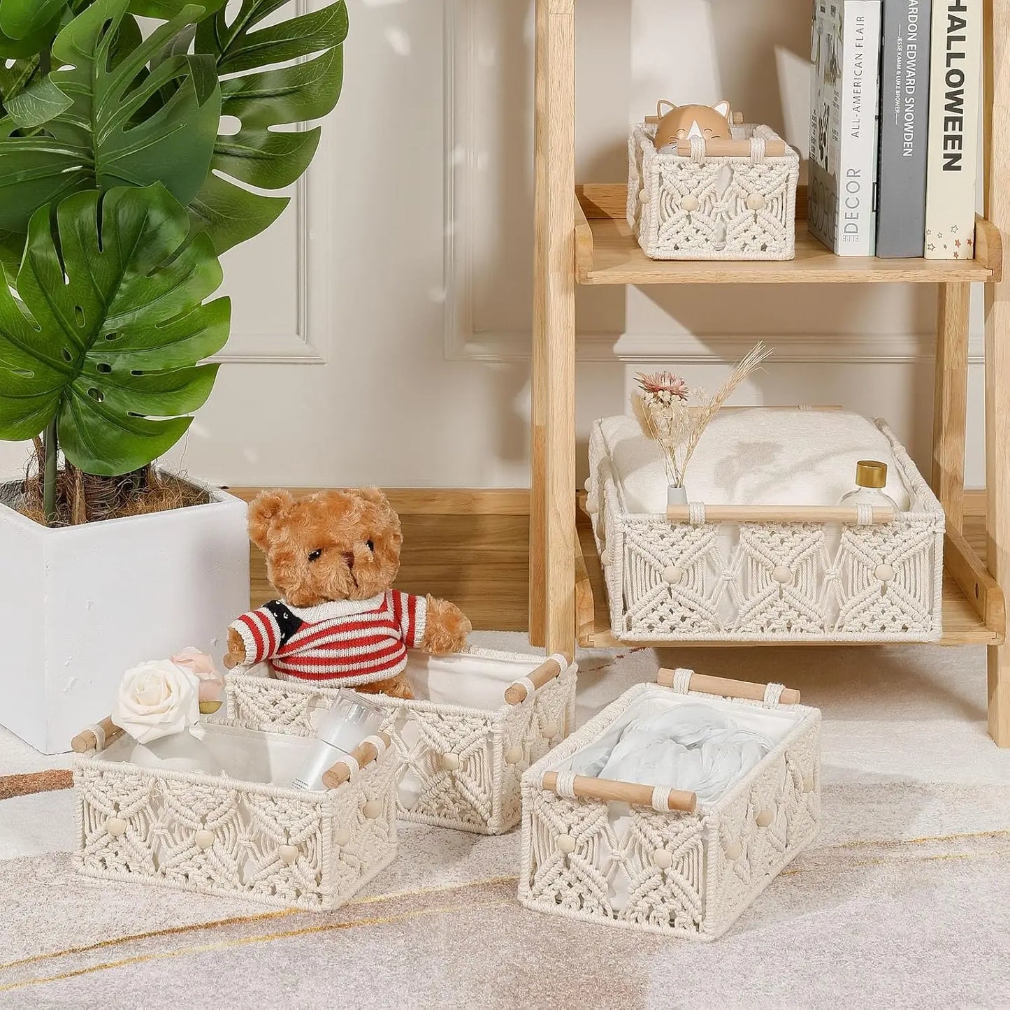 Boho Storage Baskets For Organizing 5 Pcs Macrame Decorative Hand Woven Storage Bins With Natural Wooden Handles Beads Box