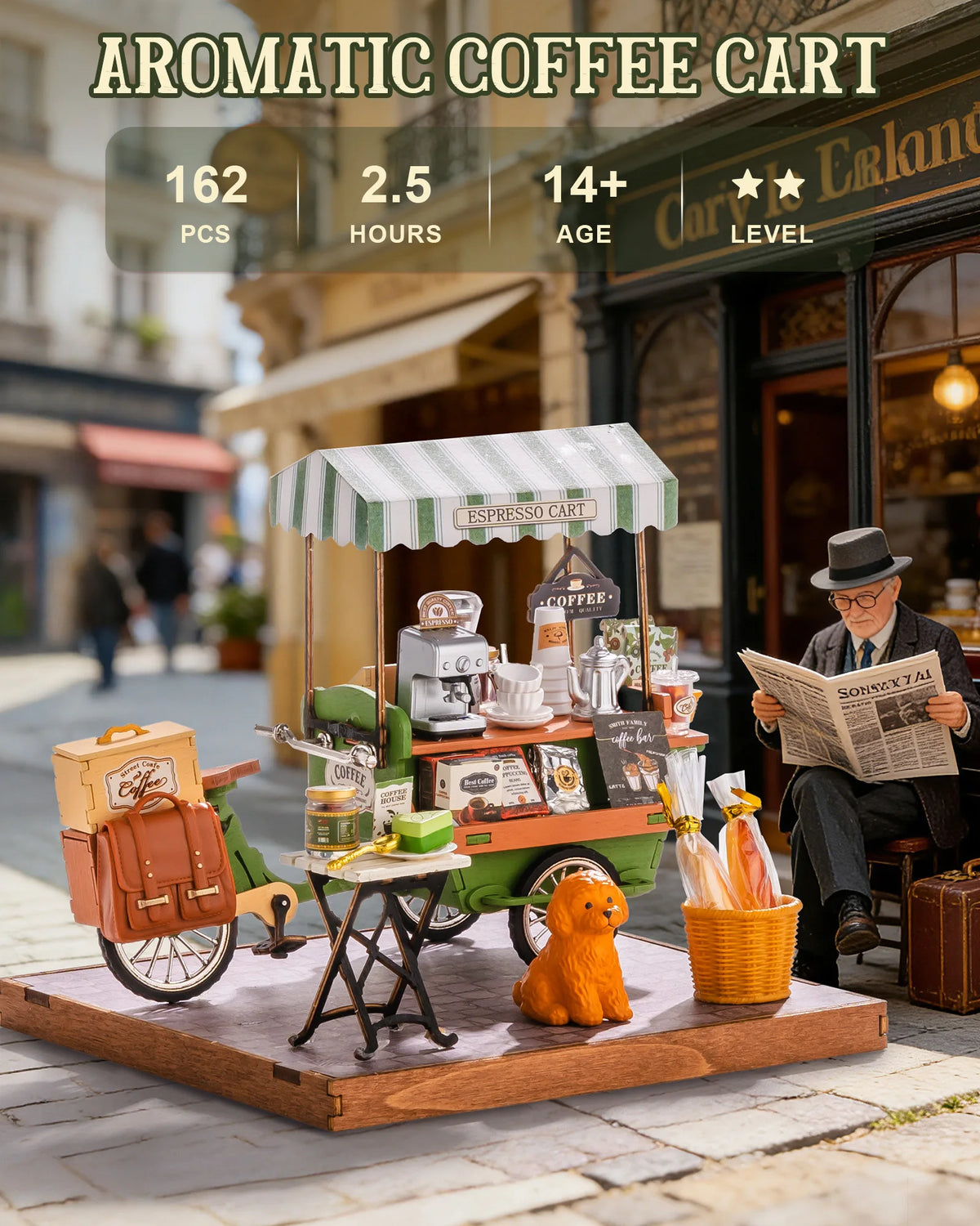 Rolife Wooden 3D Puzzle DIY Miniature House Kit Vienna Bookstore & Aromatic Coffee Cart Model Building Kit with LED Light for Home Decor Gift for Adults Teens