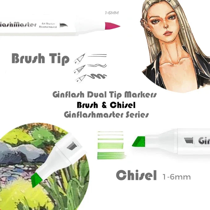 Ginflash Soft brush & Chisel Art Markers Brush Pen Sketch Alcohol Based Markers Dual Head Manga Drawing Art Supplies