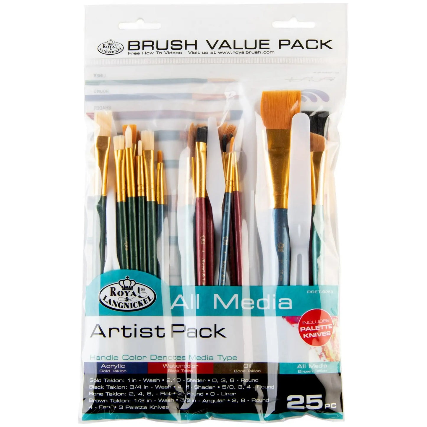 Royal & Langnickel - All Media Variety Taklon Wood Handle Paint Brush Value Pack, 25pc