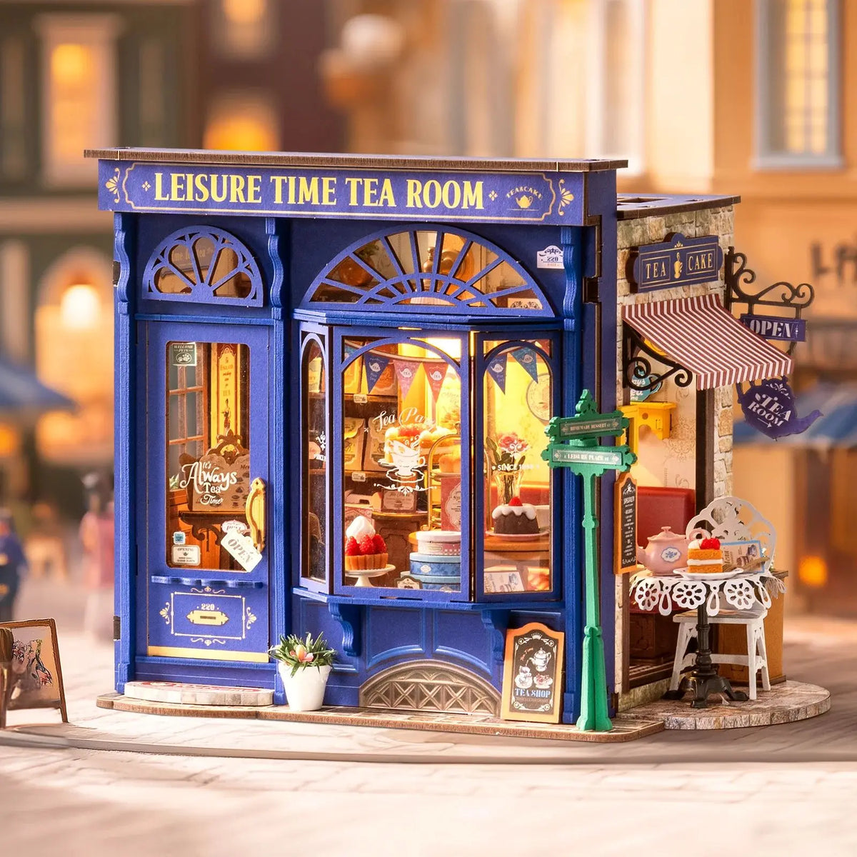 Rolife DIY Miniature House Kit Leisure Time Tea Room Mini Dollhouse Building Set with LED Wooden 3D Puzzle for Home Desk Decor