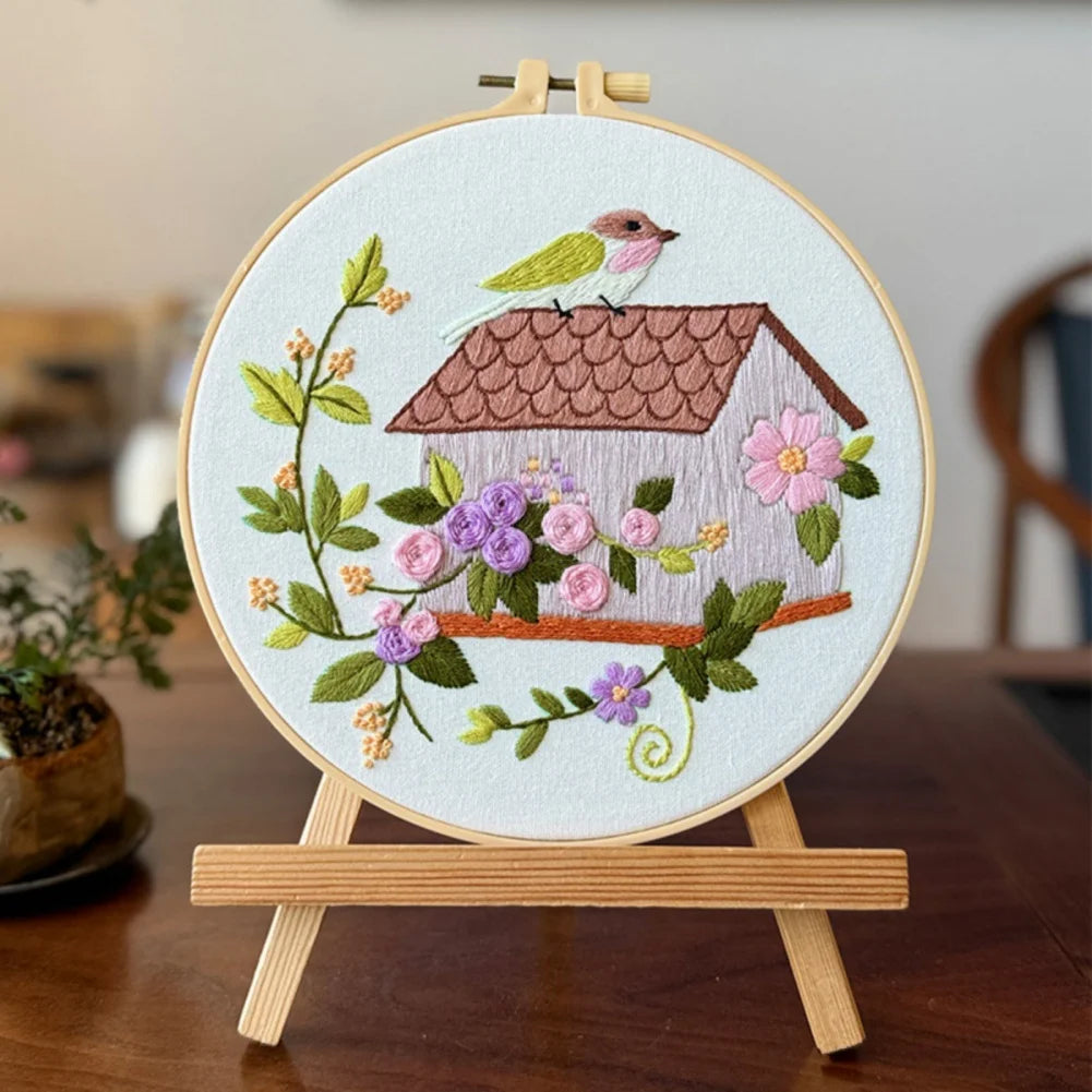 4pcs/set Bird Flower House Embroidery Kit Cross Stitch Embroidery Kit with English Instructions Needle Thread Home Decoration