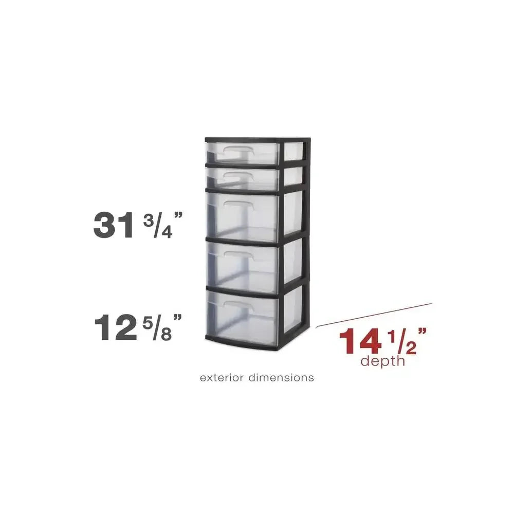 5-Drawer Plastic Storage Tower Black Clear Drawers Organizer Art Supplies Crafting Home Storage Closet