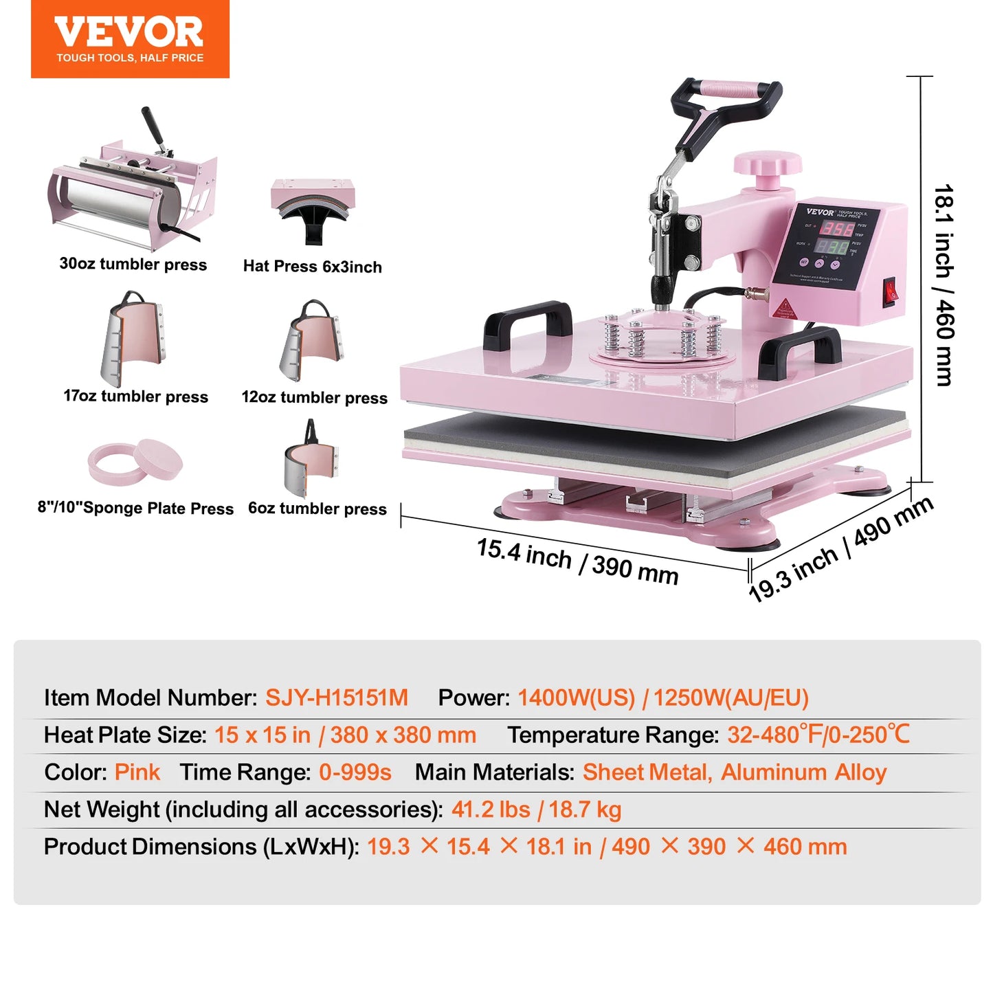VEVOR Heat Press Machine  T-Shirts/Mugs/Hats/Plates Pink