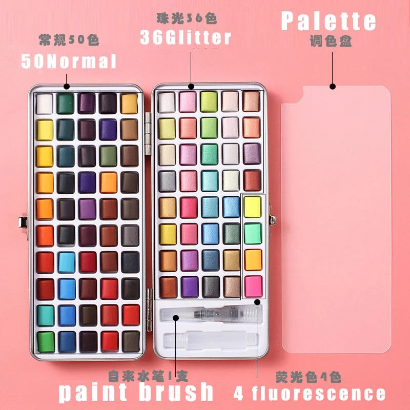 50/90 Color Solid Watercolor Set Paint Glitter Portable Metal Box Watercolor Pigment squirrel hair brush nail art