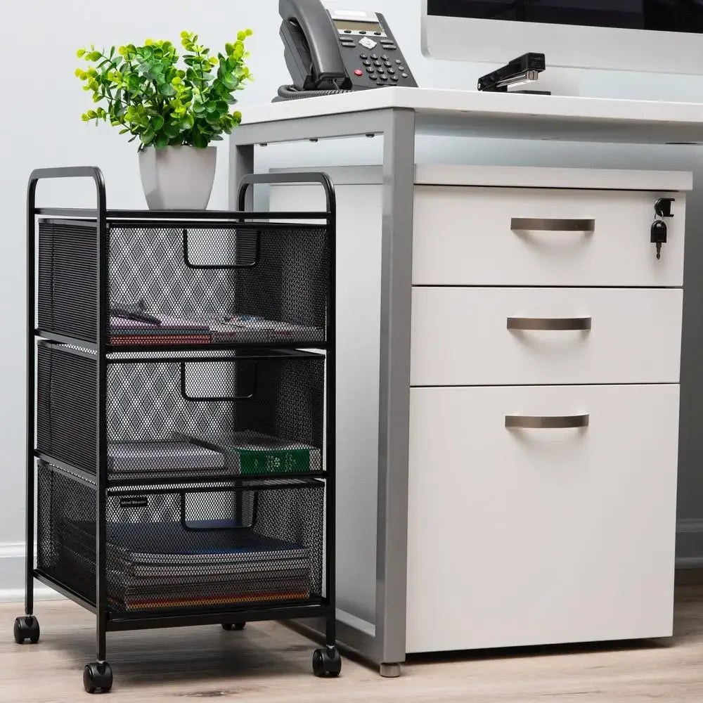 Rolling Metal Storage Cart with 3 Mesh Drawers Portable Organizer Office Supplies Craft Materials and Documents Compact Size and