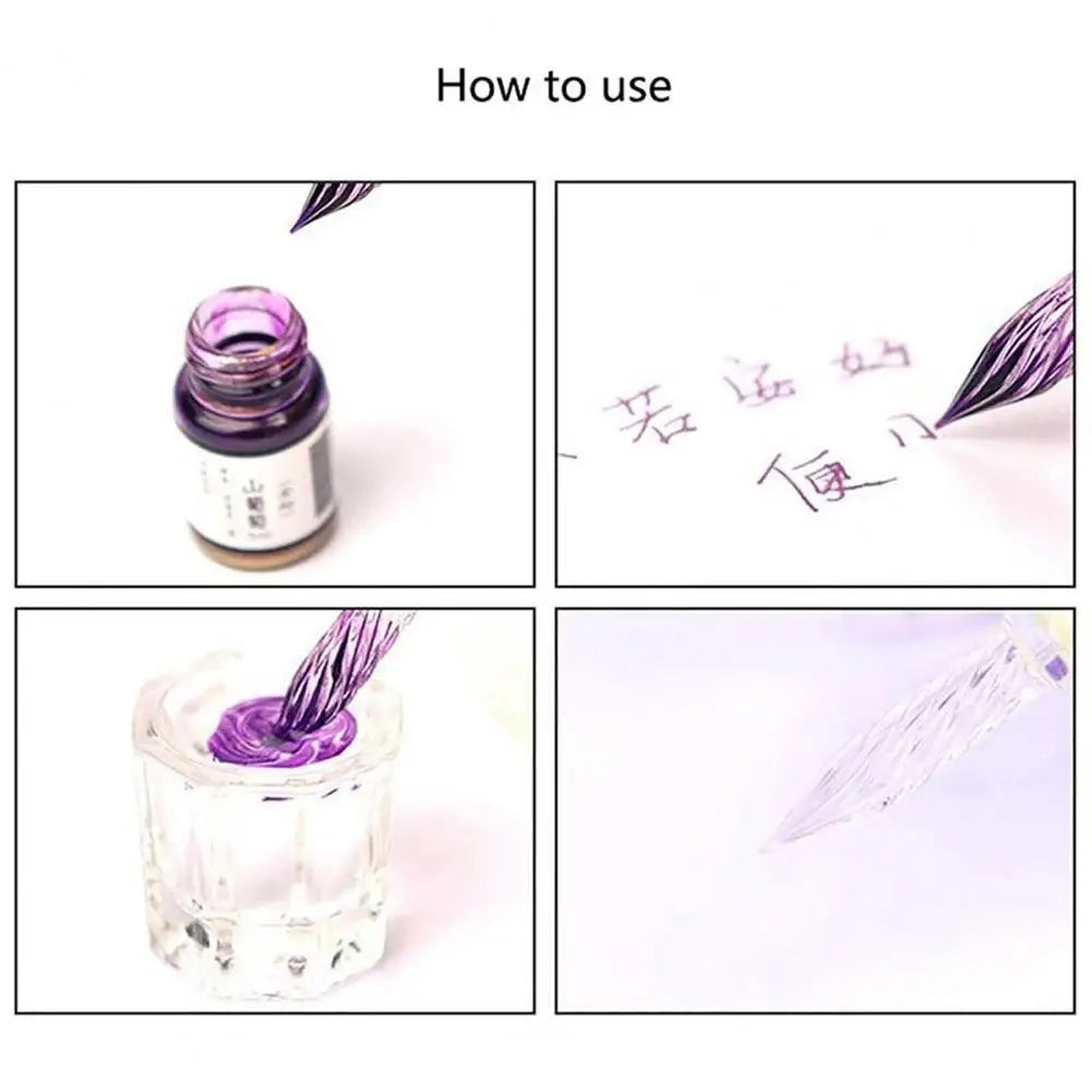 1 Set Transparent Dip Pen with Inside Flower Glass Writing Pen Faux Crystal Ink Dip Pen Gift for Student
