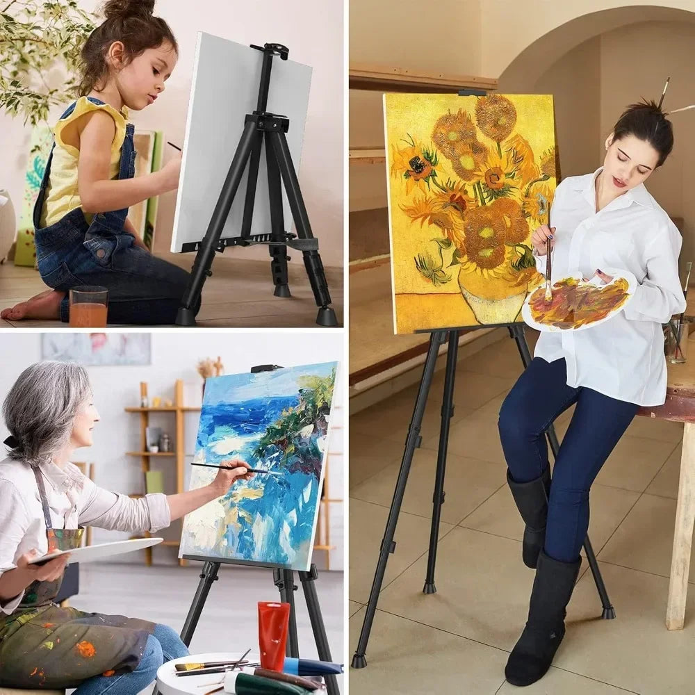 Portable adjustable aluminum metal tripod display easels ranging in height from 17 to 66 inches for tabletop/floor painting