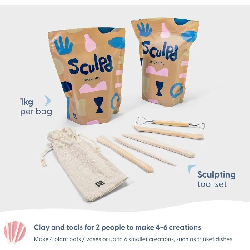 Sculpd - The Original Pottery Starter Kit - Complete Air Dry Clay + Painting Beginner Set for 2 Adults: Includes Sculpting Tools
