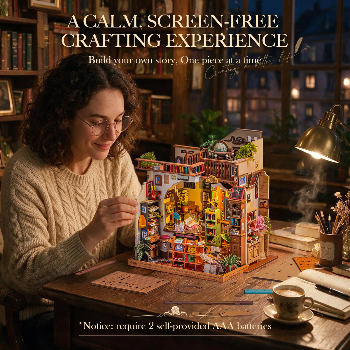 Rolife Wooden Dollhouse 3D Puzzle Pagestory Bookstore DIY Miniature House Craft Kit Kit with LED Light for Bookshelf Decor Brain Teasers Jigsaw Toys Holiday Gift for Book Lovers