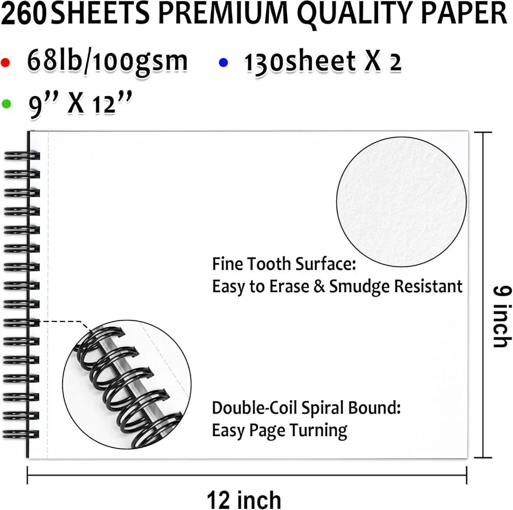 9"x12" sketchbook, 260 sheets (68 lb/100 g/m²) drawing pads, 2 packs, 130 sheets each, spiral bound sketchbook