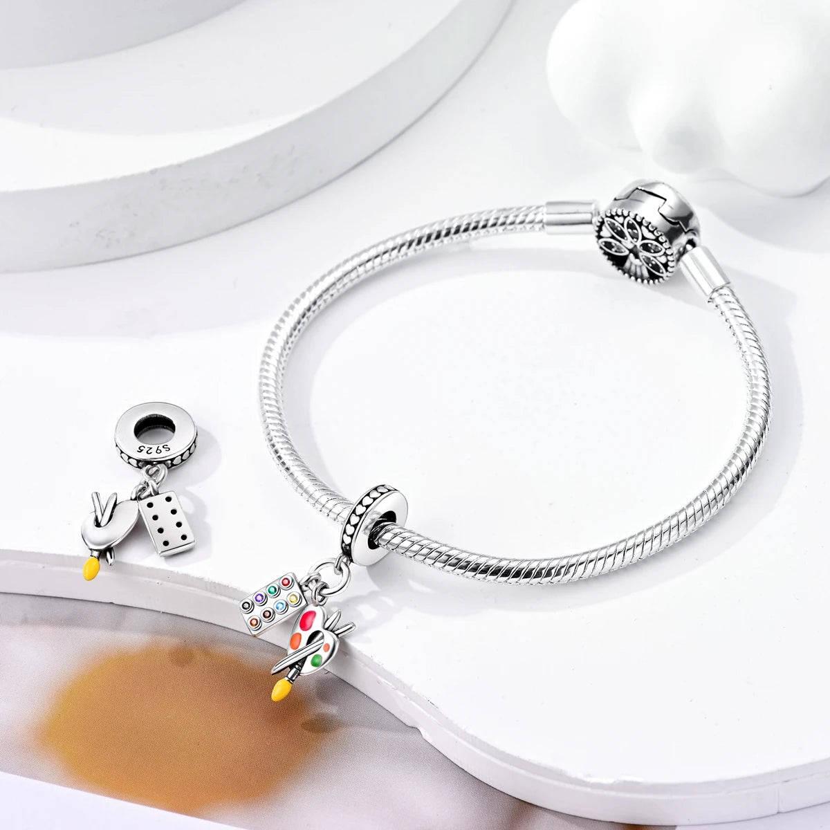 925 Sterling Silver Artist Brush Tools Color Palette Oil Painting Charms Beads Fit Original Bracelets DIY Jewelry Gifts