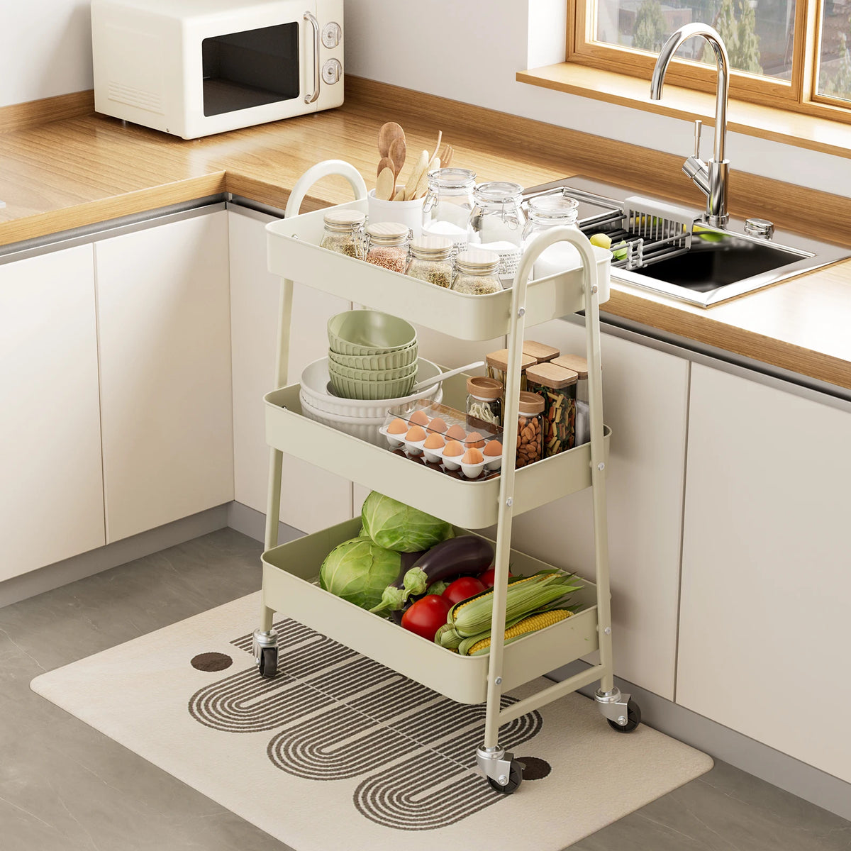 JHK 3 Tier Metal Storage Cart with Lockable Wheels Mobile Shelving Unit Utility Rolling Organizer For Home Narrow Places