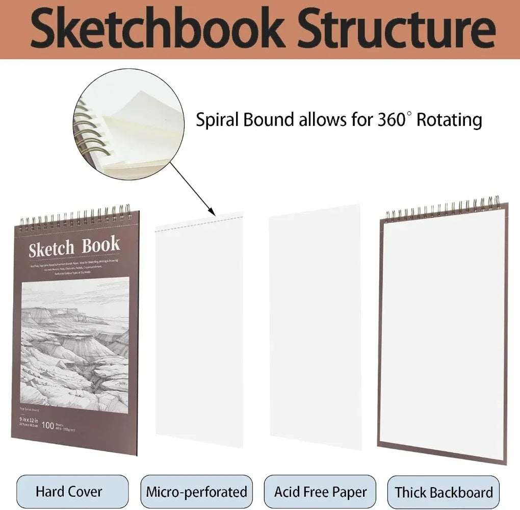 9" x 12" Sketchbook, Top Spiral Bound Sketchbook, 100 Sheets of 68lb/100gsm Drawing Paper, 1 Pack