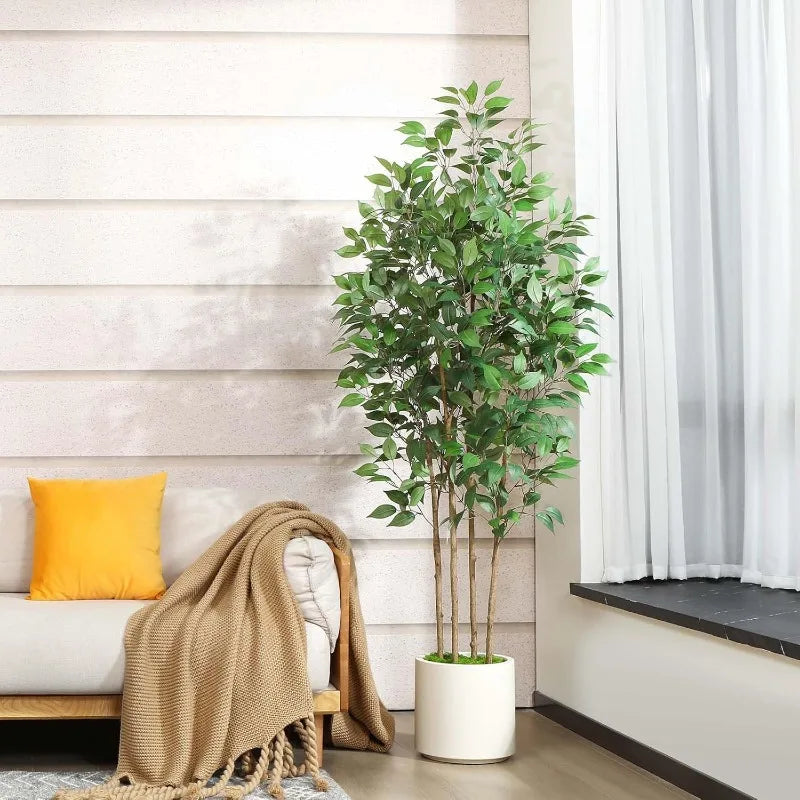 Ficus Artificial Tree  Silk Plant 5 ft Fake White Imitation Ceramic Planter with Green