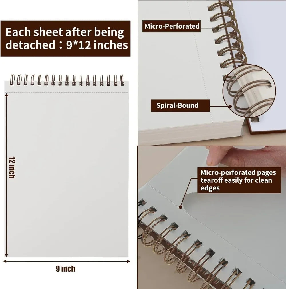 9 x 12 inches, 60 sheets (98 lb/160 g/m²) heavy-duty drawing paper, spiral-bound hardcover sketchbook on top