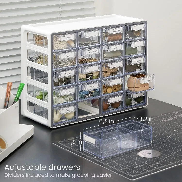 Organizer Box –Compact 20-Drawer Pens, Clips, Sewing & Craft Supplies – High-Impact Plastic,